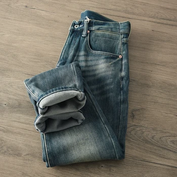 Зимние новые мужские джинсы American Vintage Плюс плотный флис, выстиранные, чтобы сделать из них старые теплые повседневные брюки с прямыми штанинами