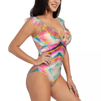 Женский сексуальный цельный купальник с рюшами 2023, женский монокини с рисунком в виде галстука-красителя, купальный костюм, пляжная одежда
