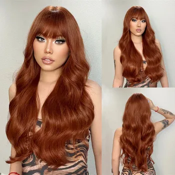 Синтетические парики ALAN EATON Auburn Wave для женщин, длинный Красновато-коричневый парик с челкой, Медно-рыжее Омбре, Термостойкое волокно