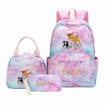 3шт Рюкзаков Disney Bambi для подростков с сумкой для ланча, дорожный рюкзак, Красочные школьные сумки для девочек, Наборы Mochilas