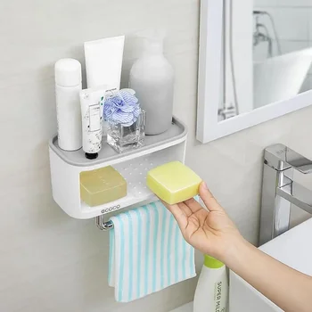 ECOCO Настенный Стеллаж для хранения в ванной комнате с вешалкой для полотенец ABS + PS Держатель для хранения туалетных принадлежностей Кухонная стойка для хранения ящиков 0