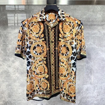 Гавайская рубашка Уличная одежда Винтажная рубашка с контрастным принтом в стиле хип-хоп, повседневный топ на пуговицах для пляжного отдыха, домашняя уличная одежда