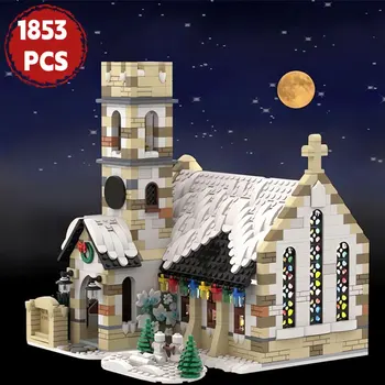 MOC City Architecture Зимняя модель загородной церкви Строительные блоки Рождественский дом с видом на улицу MOC-147549 Кирпичи Игрушки Рождественские подарки