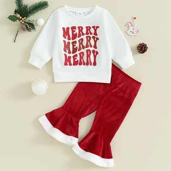 Комплекты Рождественской одежды для маленьких девочек длиной от 6 до 24 м, Толстовка с длинным рукавом и буквенным принтом, Топы, Бархатные расклешенные брюки, Комплекты рождественской одежды 0