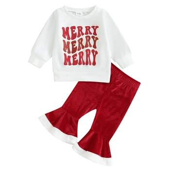 Комплекты Рождественской одежды для маленьких девочек длиной от 6 до 24 м, Толстовка с длинным рукавом и буквенным принтом, Топы, Бархатные расклешенные брюки, Комплекты рождественской одежды 1