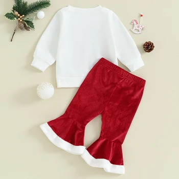 Комплекты Рождественской одежды для маленьких девочек длиной от 6 до 24 м, Толстовка с длинным рукавом и буквенным принтом, Топы, Бархатные расклешенные брюки, Комплекты рождественской одежды 2