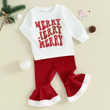 Комплекты Рождественской одежды для маленьких девочек длиной от 6 до 24 м, Толстовка с длинным рукавом и буквенным принтом, Топы, Бархатные расклешенные брюки, Комплекты рождественской одежды 3