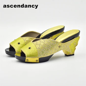 Итальянские женские свадебные туфли со стразами последнего желтого цвета, высококачественная обувь для вечеринок в африканском стиле, Летние Женские туфли-лодочки