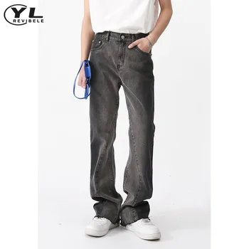 Джинсы с градиентным рисунком Micro Horn, мужские женские джинсы в стиле хип-хоп, эластичная талия сзади, Черные прямые джинсовые брюки, модные винтажные брюки унисекс
