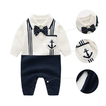 Осенний шерстяной комбинезон для маленьких мальчиков, детский темно-синий вязаный комбинезон, детский выходной костюм, детская трикотажная цельнокроеная одежда 0