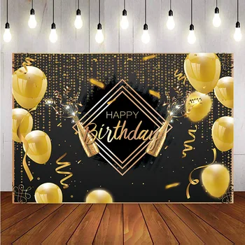 Воздушные шары с Днем рождения, шампанское, фон для выпускной вечеринки для фотосъемки, золотые украшения, реквизит для фотосъемки.