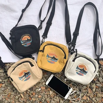 Маленькие сумки через плечо в японском стиле харадзюку, студенческая мини-сумка через плечо, сумка для телефона и кошельки для девочек, холщовые сумки с принтом акулы, женские сумки Bolso