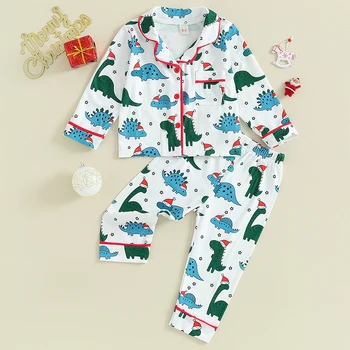 Комплекты Рождественских пижам для маленьких мальчиков и девочек с длинным рукавом и принтом динозавра, рубашка на пуговицах, Брюки, Костюм из 2 предметов, детская одежда для сна