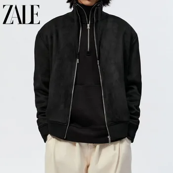 Осенне-зимняя мужская замшевая куртка ZALE, винтажная повседневная однотонная куртка уличной формы, пальто Мужские 5