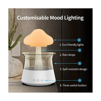 Увлажнитель Воздуха Rain Cloud USB Night Light для Комнаты, Офиса, Аромадиффузора, Звука Капли Воды с Пультом Дистанционного Управления, Увлажнитель Воздуха-A