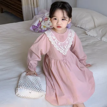 Платье для девочек 2024, весеннее платье с кружевным воротником для маленьких девочек, детское платье принцессы в западном стиле с длинным рукавом Zljg