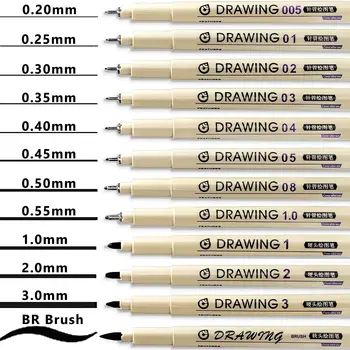 12шт Ручки для рисования 0,1 мм Черный Micro Fineliner Ручка для рисования Манги Кисть Художественные маркеры Водонепроницаемая ручка для рисования Канцелярские принадлежности