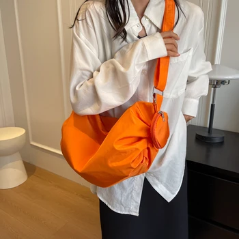 Оранжевая нейлоновая сумка через плечо для женщин, повседневная сумка-тоут большой емкости, простые Женские сумки из 2 комплектов, дорожная сумка-мессенджер Hobos