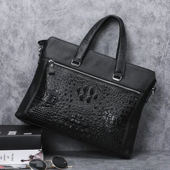 Роскошный портфель из воловьей кожи с крокодиловым узором, деловые сумки, модная мужская сумка для ноутбука из натуральной кожи, мужская сумка через плечо 0