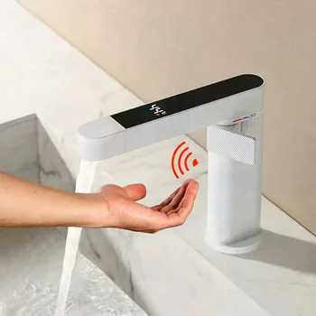 Медный кран с цифровым датчиком движения со светодиодной подсветкой, поворотный кран для раковины без касания на 360 градусов, Выдвижной смеситель для горячей и холодной воды в ванной