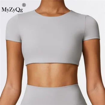MyZyQg, женские облегающие футболки для бега высокой интенсивности, верхняя одежда, спорт для отдыха, Пилатес, Фитнес, Йога, укороченный топ
