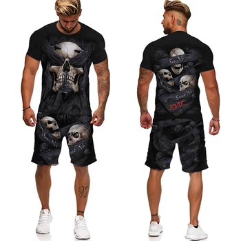 Мужские футболки/ шорты / костюмы с 3D принтом черепа, крутая уличная одежда для хипстеров, футболки, модная одежда в стиле Готический панк на Хэллоуин 3