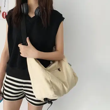Холщовая женская сумка-тоут, повседневная однотонная школьная сумка для женщин, большая вместительная простая женская сумка для покупок через плечо 1