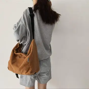 Холщовая женская сумка-тоут, повседневная однотонная школьная сумка для женщин, большая вместительная простая женская сумка для покупок через плечо 2