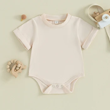 Унисекс для новорожденных мальчиков и девочек, однотонный комбинезон с коротким рукавом, боди, хлопковая одежда 3