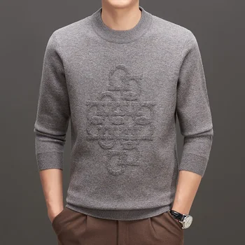 100% Мужской шерстяной жаккардовый свитер 2023, осенне-зимний вязаный пуловер в корейском стиле, модный теплый пуловер, мужская одежда Ropa Hombre 1