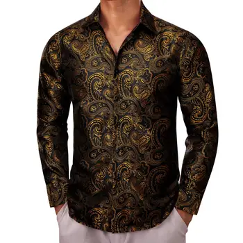 Роскошные Рубашки для мужчин, Шелковые, с длинным рукавом, золотисто-коричневые, с узором Пейсли, Приталенные Мужские Блузки, Повседневные Вечерние топы, Дышащие Barry Wang