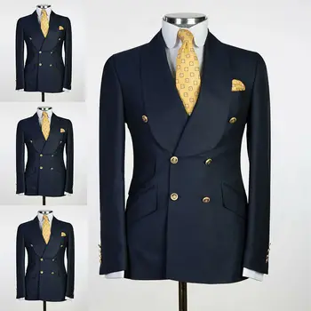 Мужской темно-синий двубортный блейзер, пальто с металлическими пуговицами, деловой официальный жакет, шаль, пальто на заказ, 1 шт.