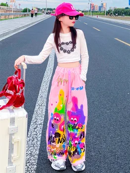 Весенне-осенняя одежда для девочек, модный топ с длинными рукавами + комбинезон, комплект из 2 предметов, Детская верхняя одежда в Корейском стиле 13-14 лет