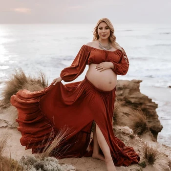 Платье для беременных для фотосессии, удобное винтажное льняное хлопковое платье в стиле бохо, богемное платье для фотосессии для беременных