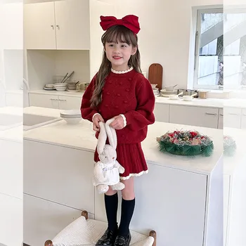 Детский Новогодний комплект свитеров, вязаный топ ручной работы, юбка, повседневный простой Новый модный однотонный повседневный комплект из двух предметов