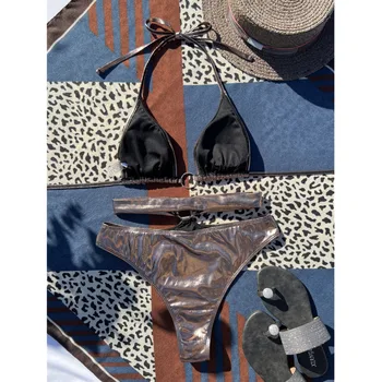 VOLASSS Купальник из двух частей, женский сексуальный комплект бикини с металлическим кольцом, бразильские купальники с открытой спиной, женский бандажный купальник 4