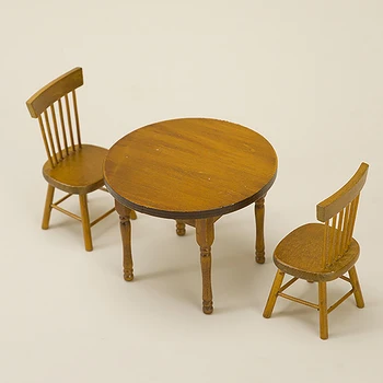 Миниатюрная мебель для кукольного домика 1: 12 Деревянный круглый обеденный стол, Модель стула, Аксессуары для мебели для кукольного домика
