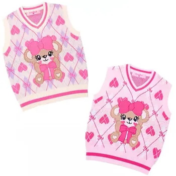 Жилет с V-образным вырезом для девочек, осенне-зимний детский свитер-жилетка с рисунком медведя в виде сердца, 2023 г.