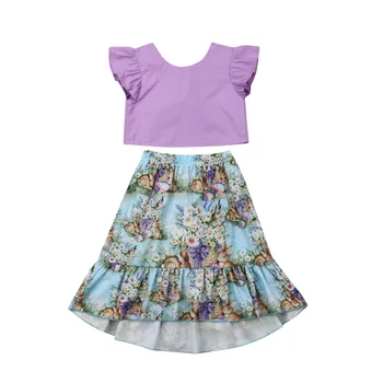 Пасхальная одежда для малышей, одежда для маленьких девочек, футболка, юбка с цветочным принтом Кролика, пасхальный комплект из 2 предметов