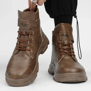 Мужская обувь, осенние рабочие ботинки для мальчиков черного цвета с высоким берцем, мужские ботинки на толстой подошве в британском стиле из мотоциклетной кожи
