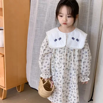 одежда для маленьких девочек, детское платье весна 2024, винтажное милое платье с большим отворотом и вышивкой, платье с длинными рукавами в деревенском стиле