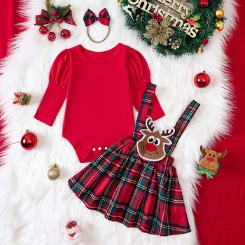 Рождественский наряд для новорожденной девочки из 3 предметов, комбинезон с длинными рукавами и оборками, юбка в клетку с вышивкой лося, Повязка на голову с бантом