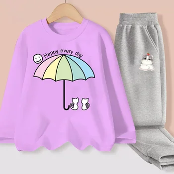 Детская хлопчатобумажная одежда Aimi Lakana С длинными рукавами, Модные комплекты для девочек, Футболка с зонтиком и котенком, Весенний костюм для девочек, Футболки + брюки