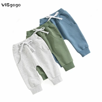 Спортивные штаны VISgogo для маленьких мальчиков с эластичной резинкой на талии и завязками, однотонные весенне-осенние брюки для бега трусцой с карманами для повседневной носки