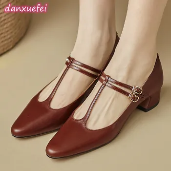 danxuefei/ женская обувь из коровьей кожи с острым носком на низком каблуке толщиной 3,5 см с т-образным ремешком, осенняя обувь 2023 года для женщин, повседневная женская обувь