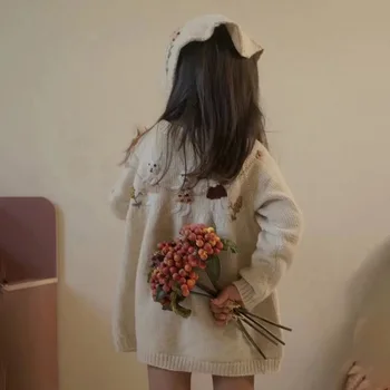 Вязаное платье для девочек, одежда из 100% шерсти мериноса с ручной вышивкой кролика, вязаная одежда для маленьких девочек от 2 до 6 лет
