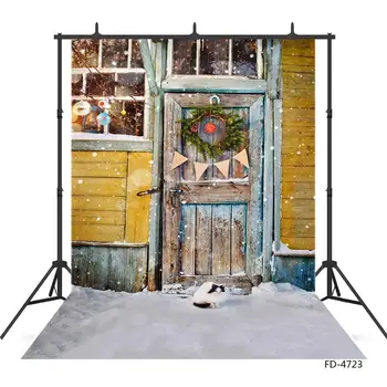 Деревянная дверь Вымпел Кошка Снег Рождественский Фотофон Виниловый Фон Реквизит для Фотосессии для детей Фотосессия для детской вечеринки