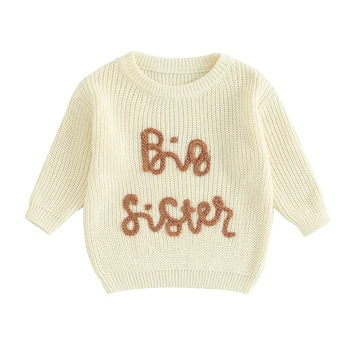 Детский свитер для девочек с буквенной вышивкой, круглый вырез, пуловеры с длинными рукавами, осенняя одежда для малышей, Джемперы, топы