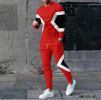 Мужская футболка с длинными рукавами и брюками с цветной геометрической 3D-печатью, модная одежда и спортивная одежда, комплект из двух предметов
