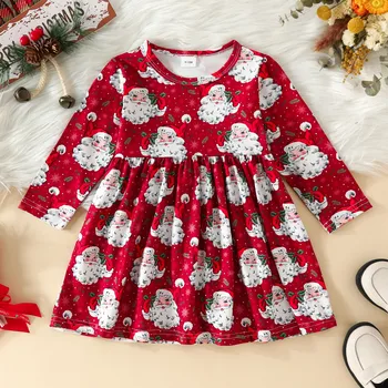 Рождественские платья для девочек, осенние платья для маленьких девочек с длинными рукавами и мультяшными принтами Санта-Клауса, платье принцессы для детей, Рождественская одежда для косплея